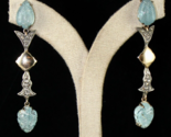 NATURAL BLUE AQUAMARINE CARVED DIAMOND 18K GOLD 925 SILVER VICTORIAN EARRING-...