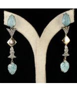 NATURAL BLUE AQUAMARINE CARVED DIAMOND 18K GOLD 925 SILVER VICTORIAN EAR... - $603.25