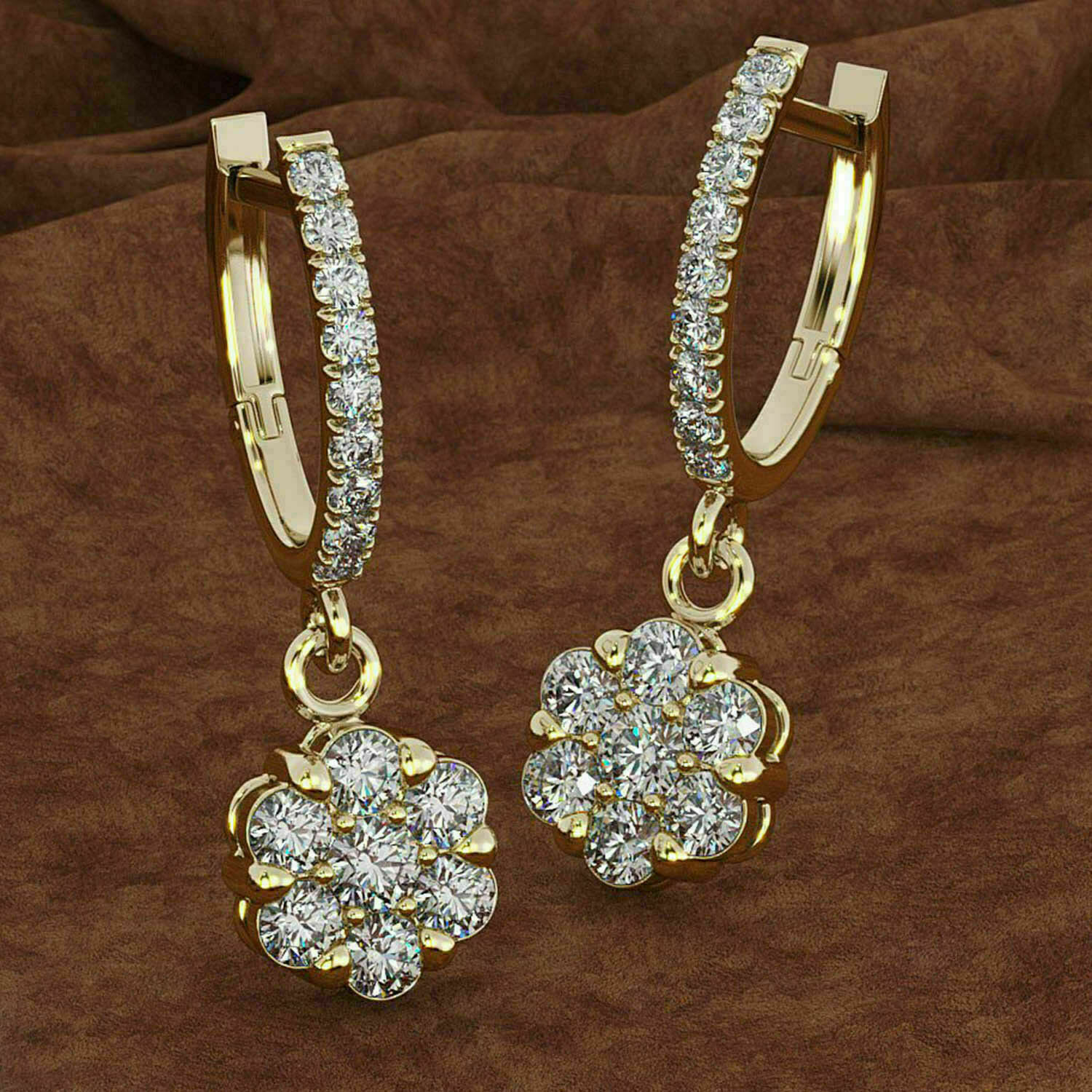 1.50Ct Round Diamond Flower Cluster Drop/Dangle Earrings 14k Yellow