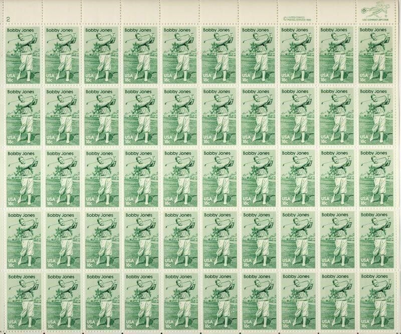 Bobby Jones Golfer Sheet of Fifty 18 Cent Postage Stamps Scott 1933
