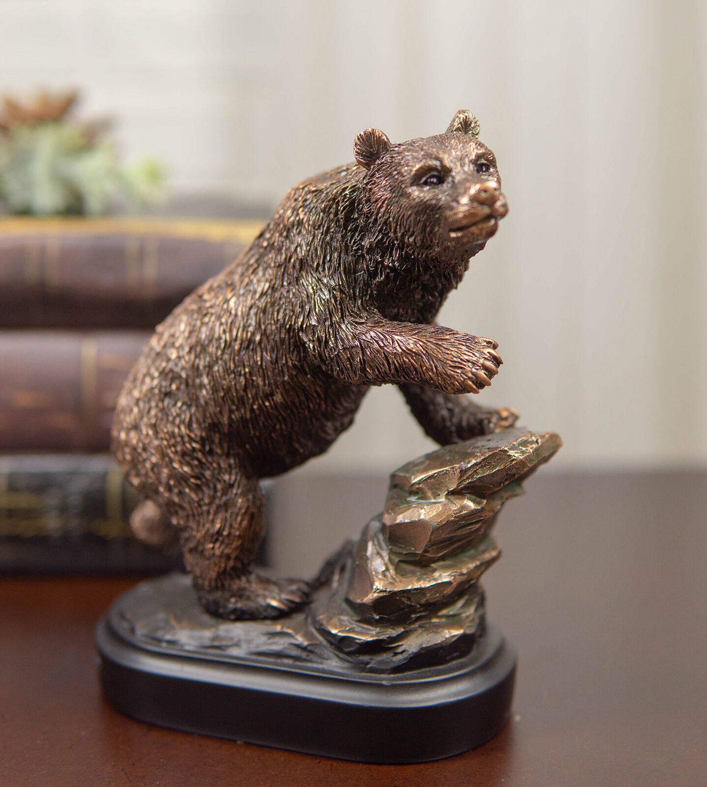 Rustic Black Bear Climbing On River Rock  Bronze Electroplated Resin Statue 6H