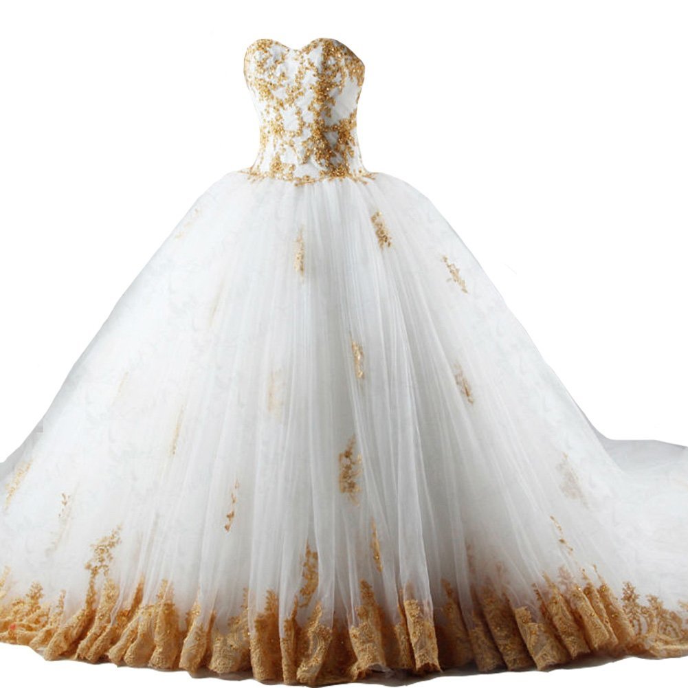 Kivary Sweetheart Ivory and Gold Lace Long Beaded Wedding Dresses Plus Size US 1