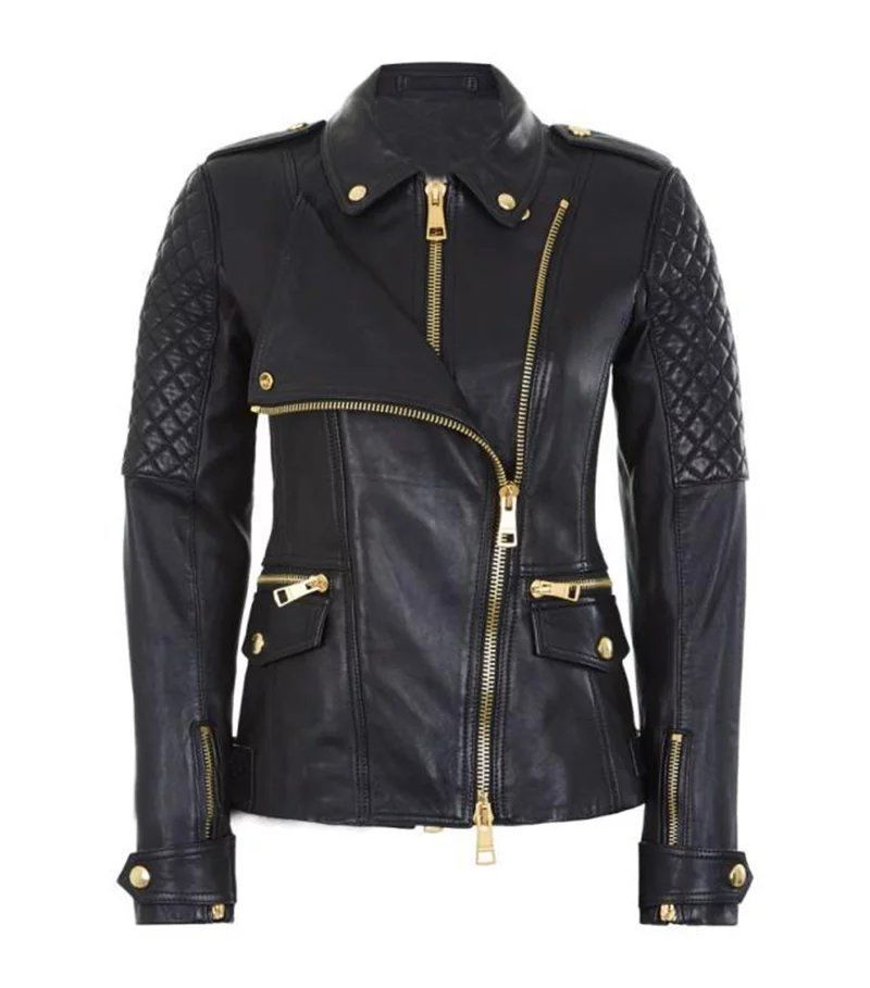 Black Women's Quilted Slim Fit Biker Style Moto Real Leather Jacket - NA 2