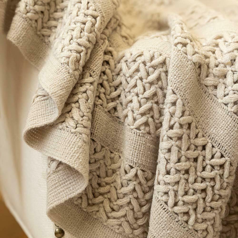 Beige Knit Blanket Chunky Crocheted Soft Tassels Lightweight Warm Cozy