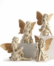 Fairy Pixie Figurines Set of 4 Medium Cream w Gold Wing Accents Mystical Pixies
