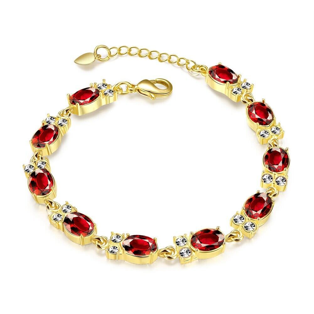 Woman 18K Gold Plated Hearts w Red CZ Bracelet.Oro Laminado