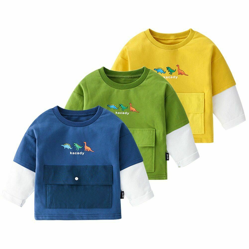 O Neck Long Sleeves Pullover Top For Boys Pocket Front Design Dinosaurs Pattern