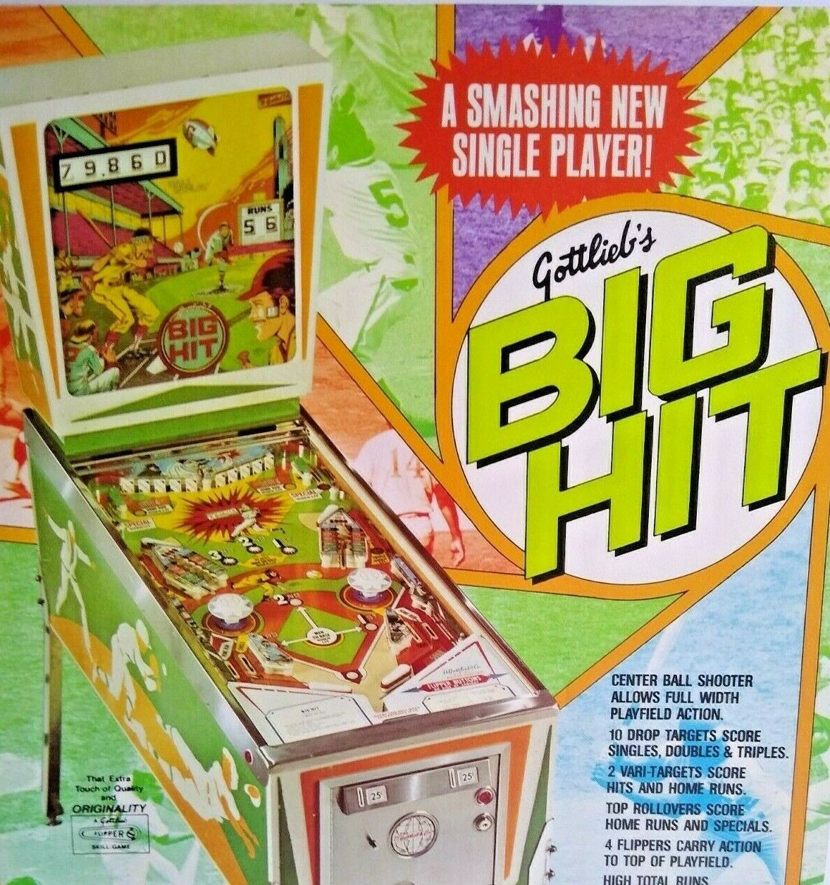 Big Hit Pinball FLYER Original 1977 Gottlieb Baseball Sports Fan Game ...