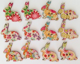 Lot of 12 Wood Bohemian Floral Print Bunny Rabbit Buttons New - $6.99