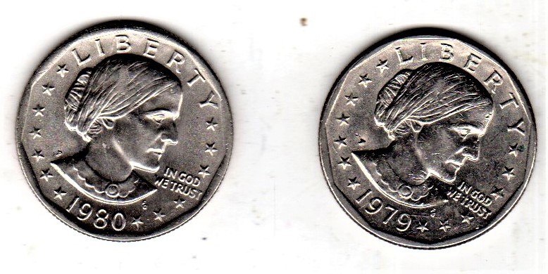 Primary image for Susan B Anthony Dollar Coin, 2 - U.S. Coins - 1979 & 1980