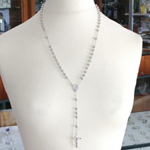 18K WHITE GOLD BIG ROSARY NECKLACE MIRACULOUS MARY MEDAL & JESUS CROSS, 23 INCH. image 1