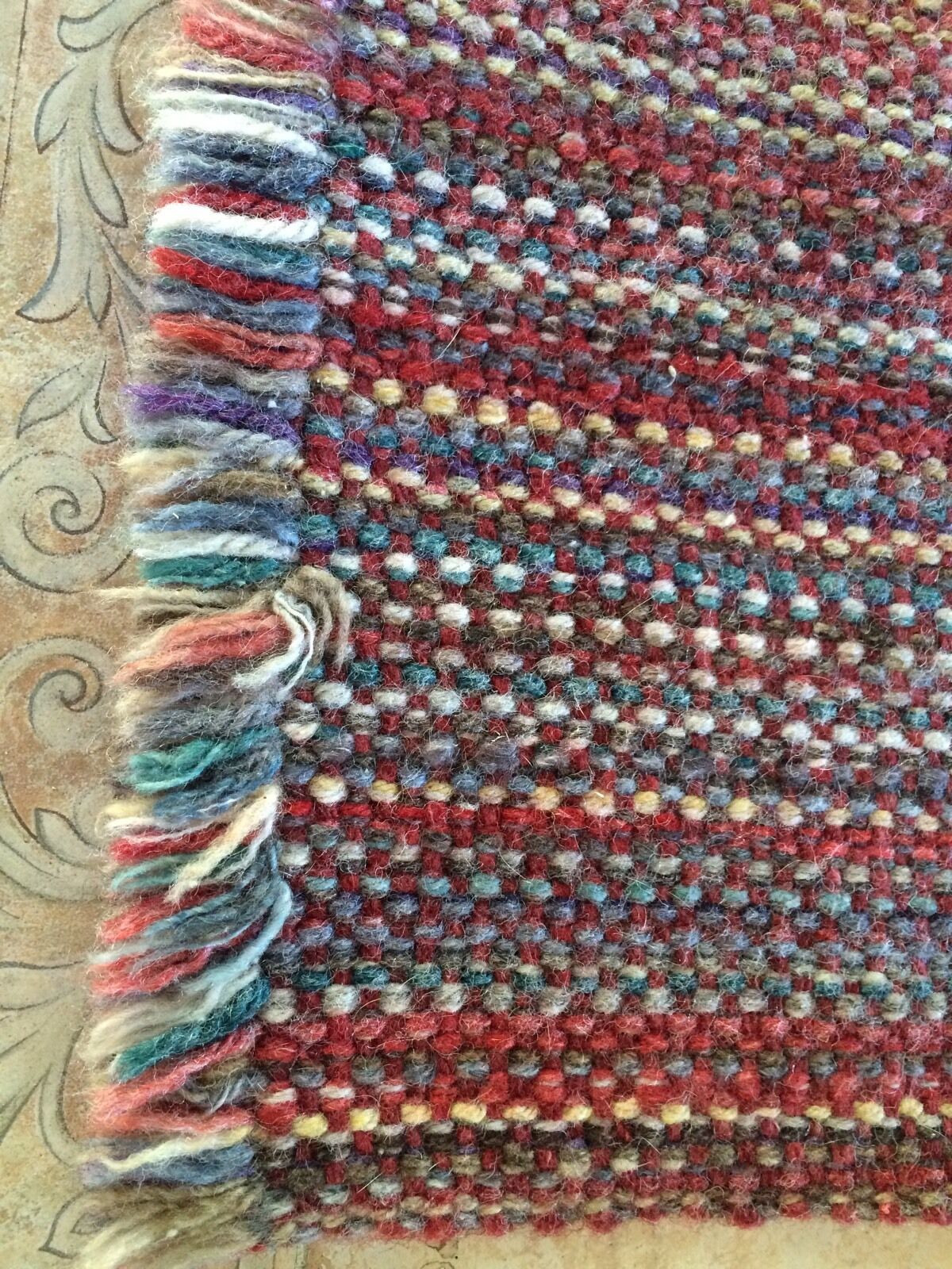 VINTAGE Multicolor Wool Fringed Floor Rug 34 1/4" Cabin Cottage Size