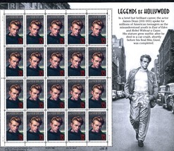 Sheet of 20 #3082 Legends of Hollywood James Dean 32 cent stamp 1996 - $8.00