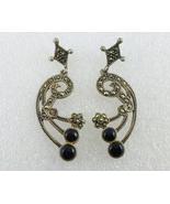 BLACK ONYX Cabochon and MARCASITE Dangle EARRINGS in Sterling Silver - 2... - $45.00