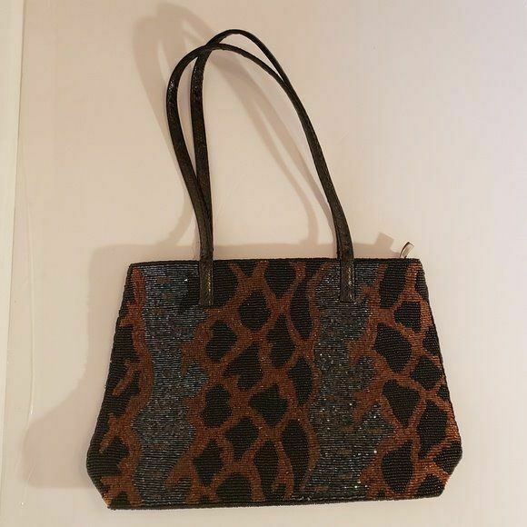 Primary image for Animal Print Beaded Handbag Purse Black, Gold Brown and Silver AS IS