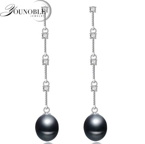 925 Sterling Silver Black Freshwater Pearl Dangle Earrings [EAR-338]
