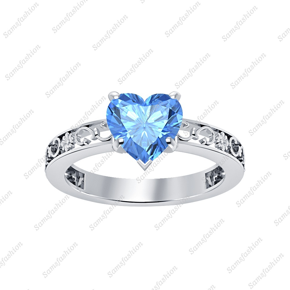 Solitaire Heart Shaped Created Blue Topaz 925 Silver Engagement Ring For Women