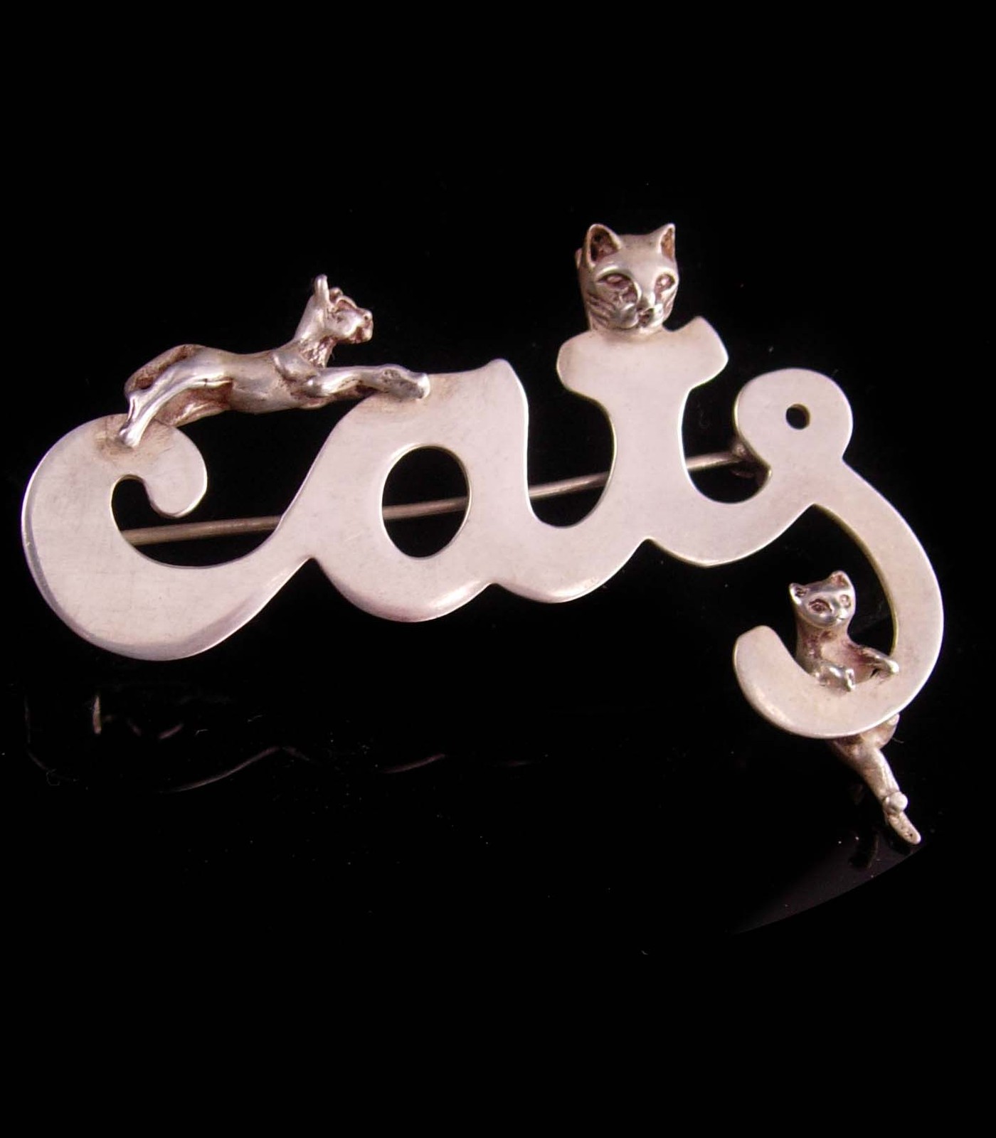 Primary image for Large sterling Cats Brooch - signed meow Kitty - Sterling silver - Whimsical lap
