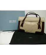 BCBG MaxAzria Handbag Vintage Beige Patent Leather Brown Trim Expansion ... - $179.99