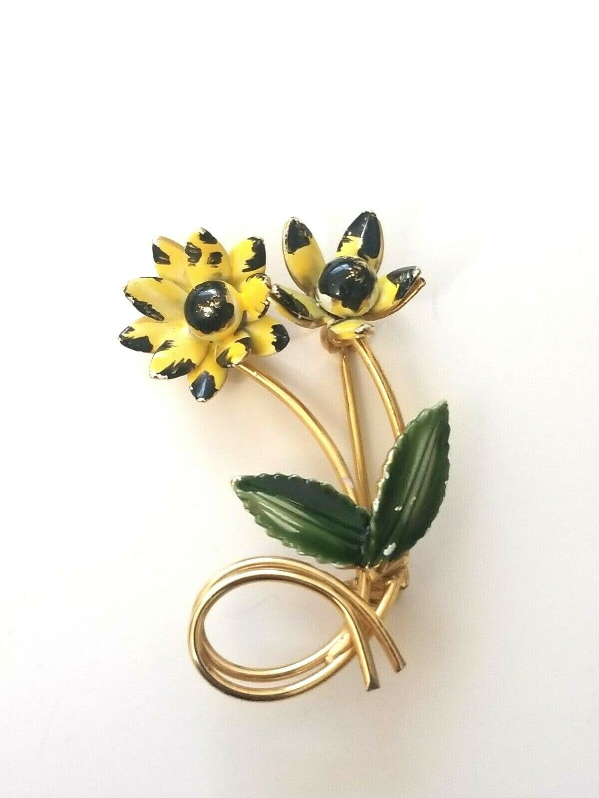 Primary image for Vintage Enamel Flower Stem Brooch Pin Gold Tone Flowers Leaves Yellow Green...