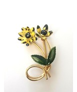 Vintage Enamel Flower Stem Brooch Pin Gold Tone Flowers Leaves Yellow Gr... - $13.00