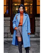 Blue woolen double breasted long women coat wool plus size autumn fall w... - $198.00
