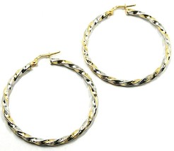 18K YELLOW WHITE GOLD CIRCLE HOOPS PENDANT EARRINGS, 4 cm x 3mm TWISTED, BRAIDED image 1