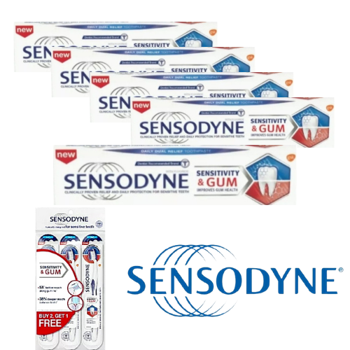 SENSODYNE Original Sensitivity & Gum Toothpaste - 100g x 5 (Free 3x Toothbrush)