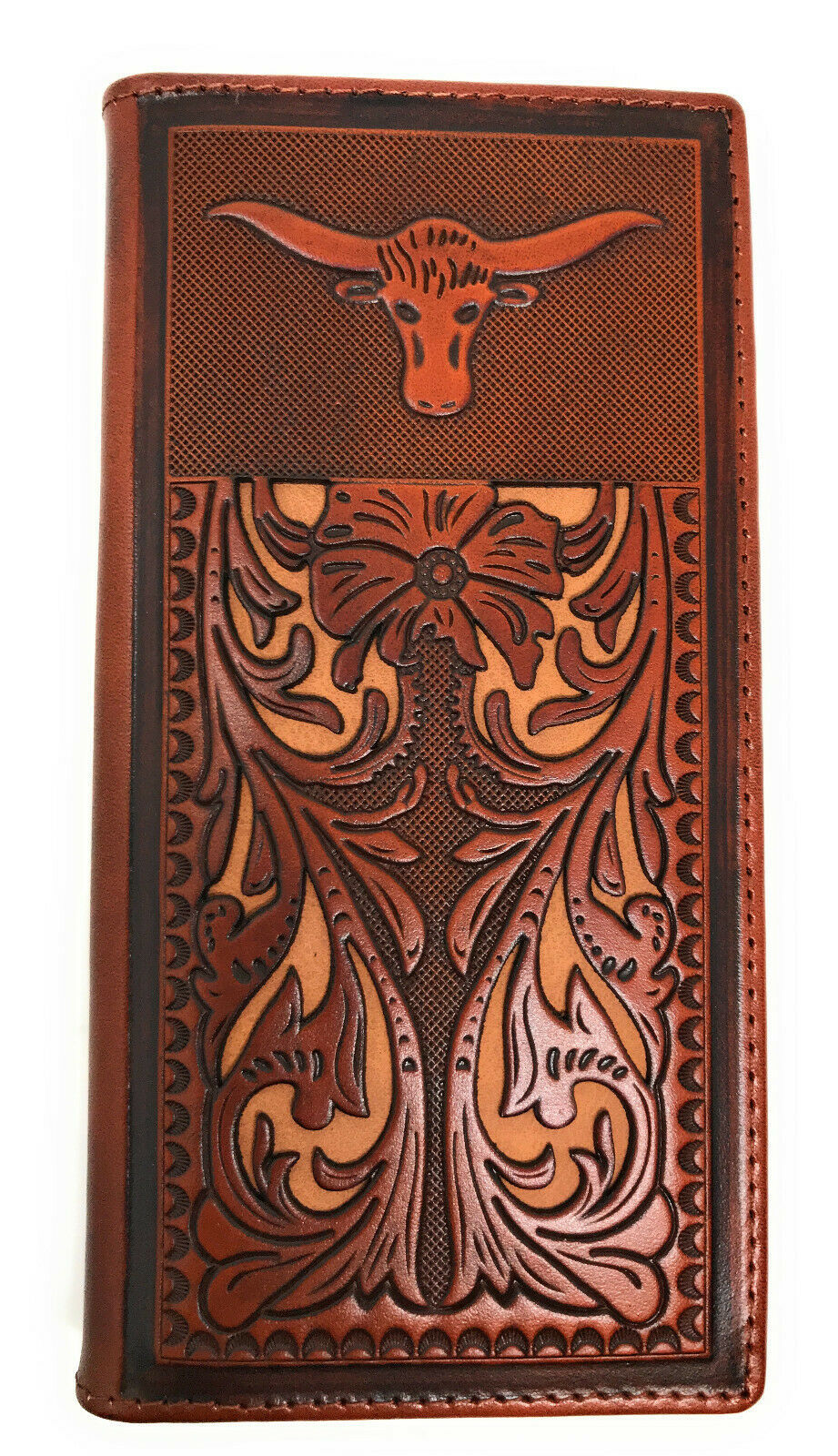 Western Men's Laser Cut Genuine Leather Longhorn Long Bifold Wallet in 4 colors