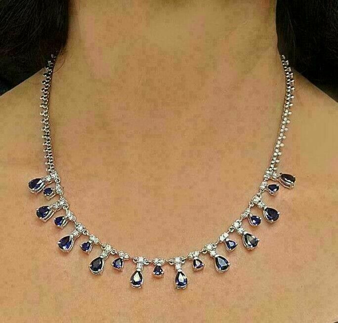 18.05Ct Pear Cut Sapphire & Diamond 14K White Gold Over 16 Necklace for Women's