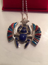 Vintage Egyptian Sterling Silver Scarab Charm with Natural  stones  1 1/4''  L   - $199.00