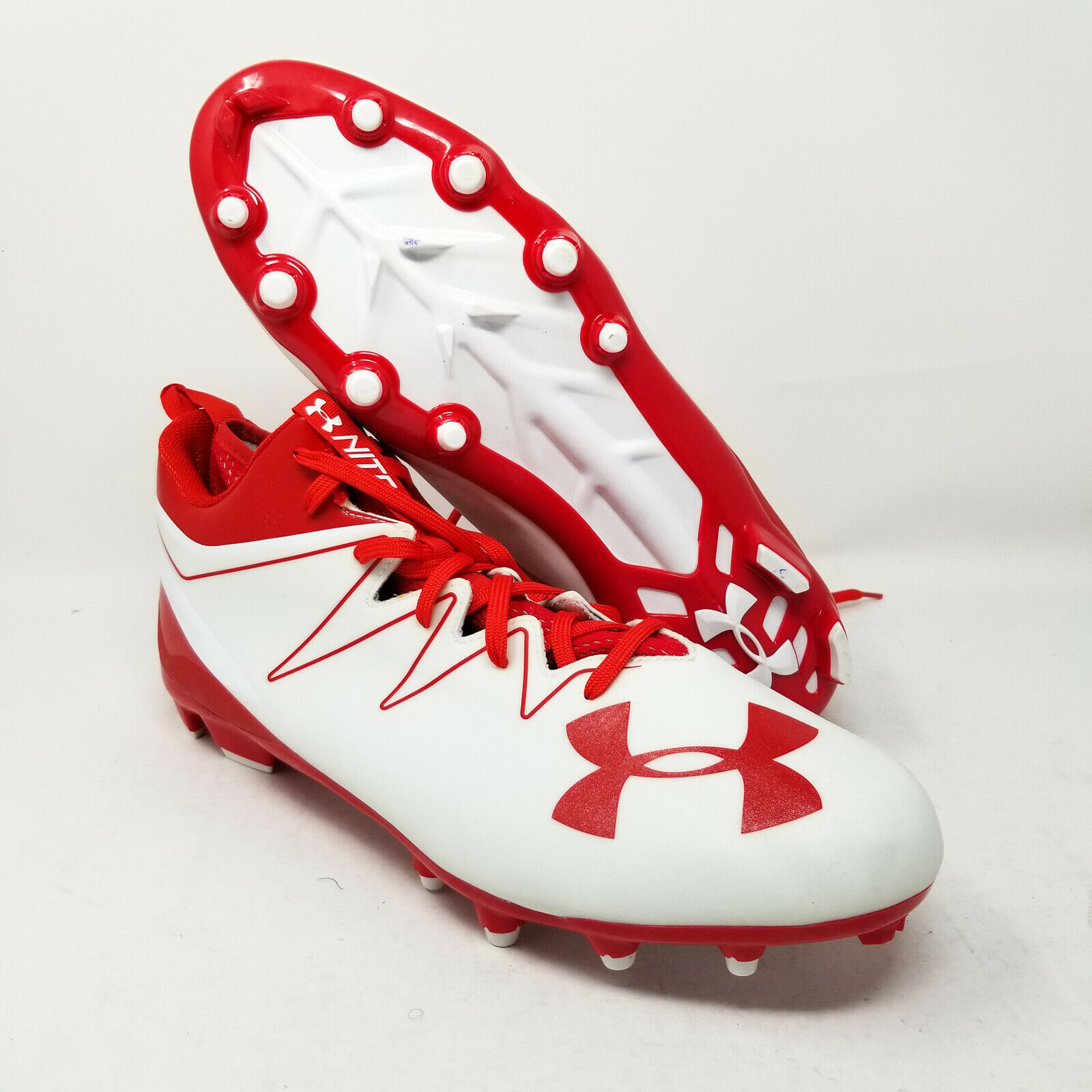 New In Box Under Armour Men's Football Cleats Red & White UA Team Nitro MID MC 