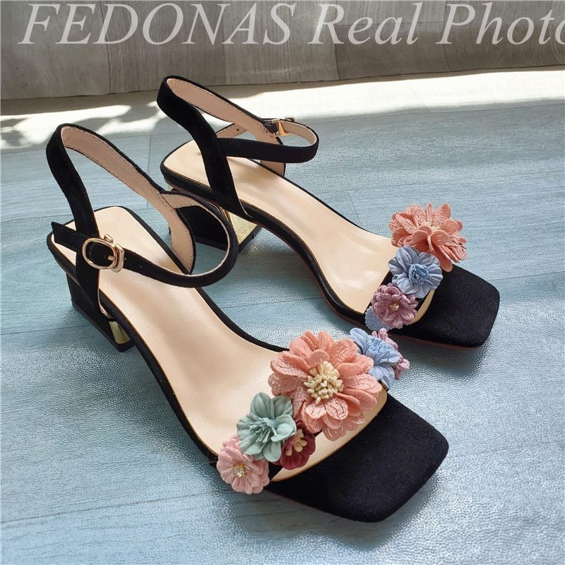 FEDONAS Fashion Sweet Flowers Decoration Women Sandals Square Toe Buckle High He