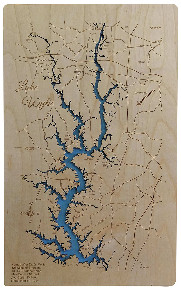 Wood Laser Cut Map of Lake Wylie, NC, SC Topographical Engraved Map Plaques & Signs