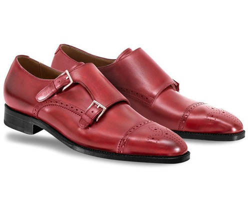 Handmade Burgundy Cap Toe Double Monk Straps Leather Shoes, Men's Formal Shoes