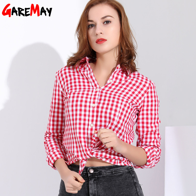 Garemay Women Shirts Feminine Blouses Cotton Plaid Shirt Women Long