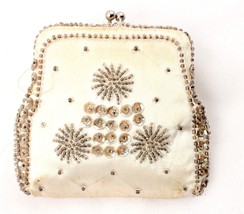 Vintage Coin Purse White Satin with Beads and Sequins Wedding Formal - $8.59