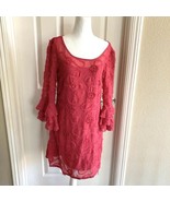 Vintage R&amp;K Dress Fuschia Pink Rossette Chiffon Lace Flutter Sleeves Lin... - $19.99