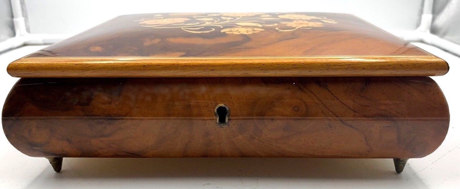 vintage musical hand inlaid wood jewelry box Mapsa Swiss movement made