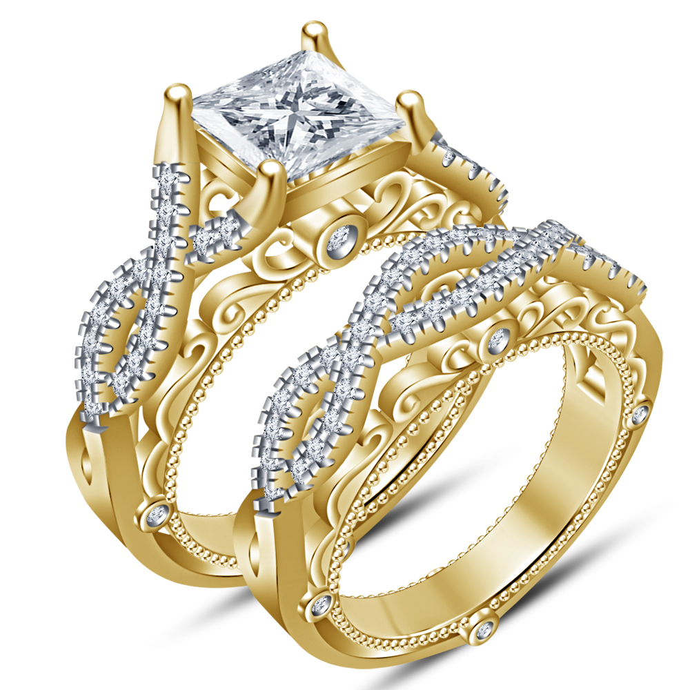 Princess Diamond Yellow Gold Plated 925 Silver Wedding Women's Bridal