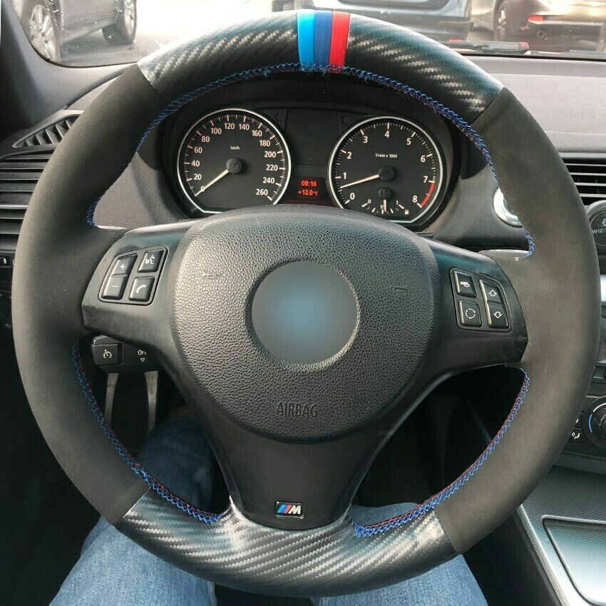Carbon Fiber Leather Black Suede Car Steering Wheel Cover for BMW M3