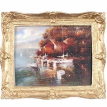 Framed Picture Village at Waterside w Boats pf1117 DOLLHOUSE Miniature - $7.94