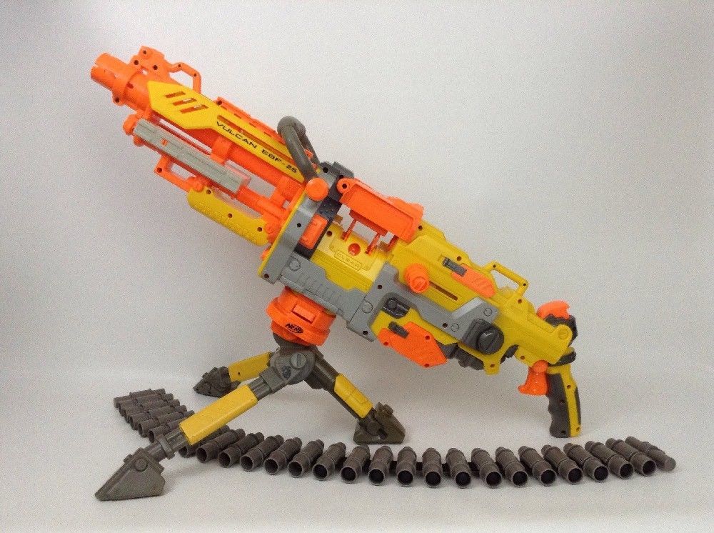 Nerf Gun NStrike Vulcan EBF25 Lot w Tripod Belt Ex Barrel 13 Darts