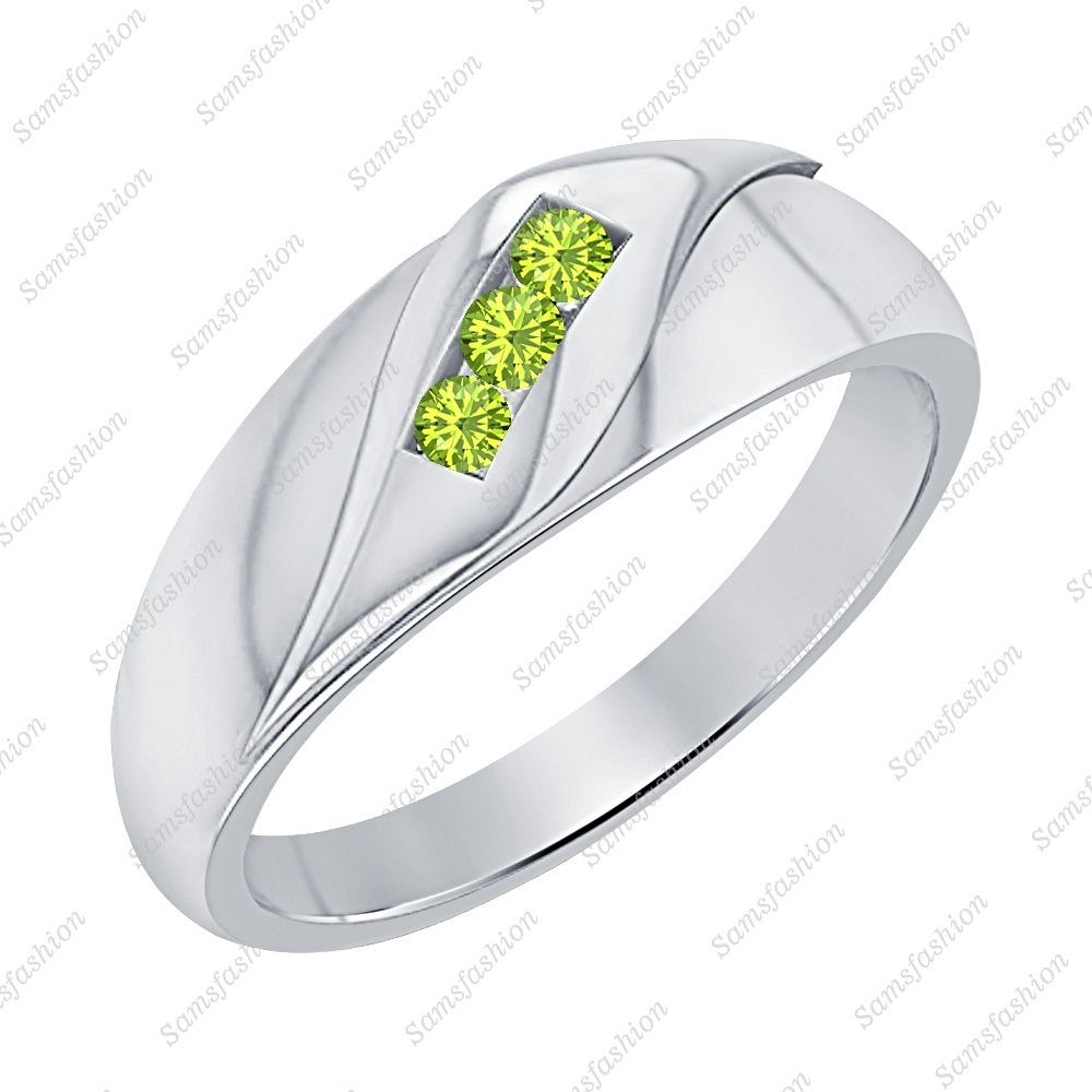 Round Peridot 14k White Gold Over .925 Sterling Silver 3 Stone Wedding Mens Ring