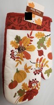 1 Printed Oven Mitt (10") Harvest, Fall Theme, Leaves & Pumpkins With Red Back - $7.91