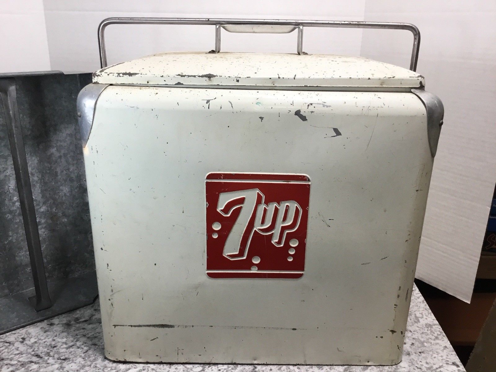 Vintage 7up Metal Cooler with Original Tray And Handle White and Red 1950's 7 UP
