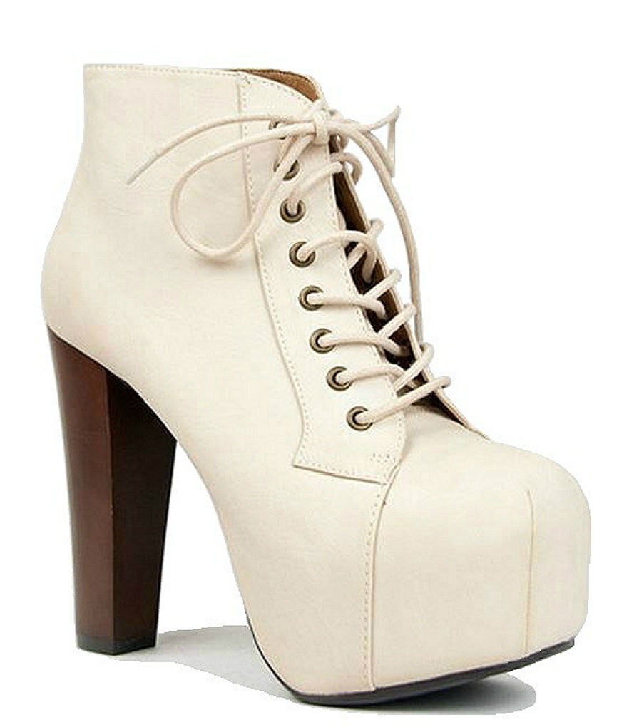 Image of Off White PU Retro Ankle Bootie Chunky Heel Lace up Ankle Boots Women's shoes