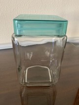 Square Glass Canister Jar Airtight Teal Plastic Lid 5.5&quot; x 3.5&quot; - $7.18
