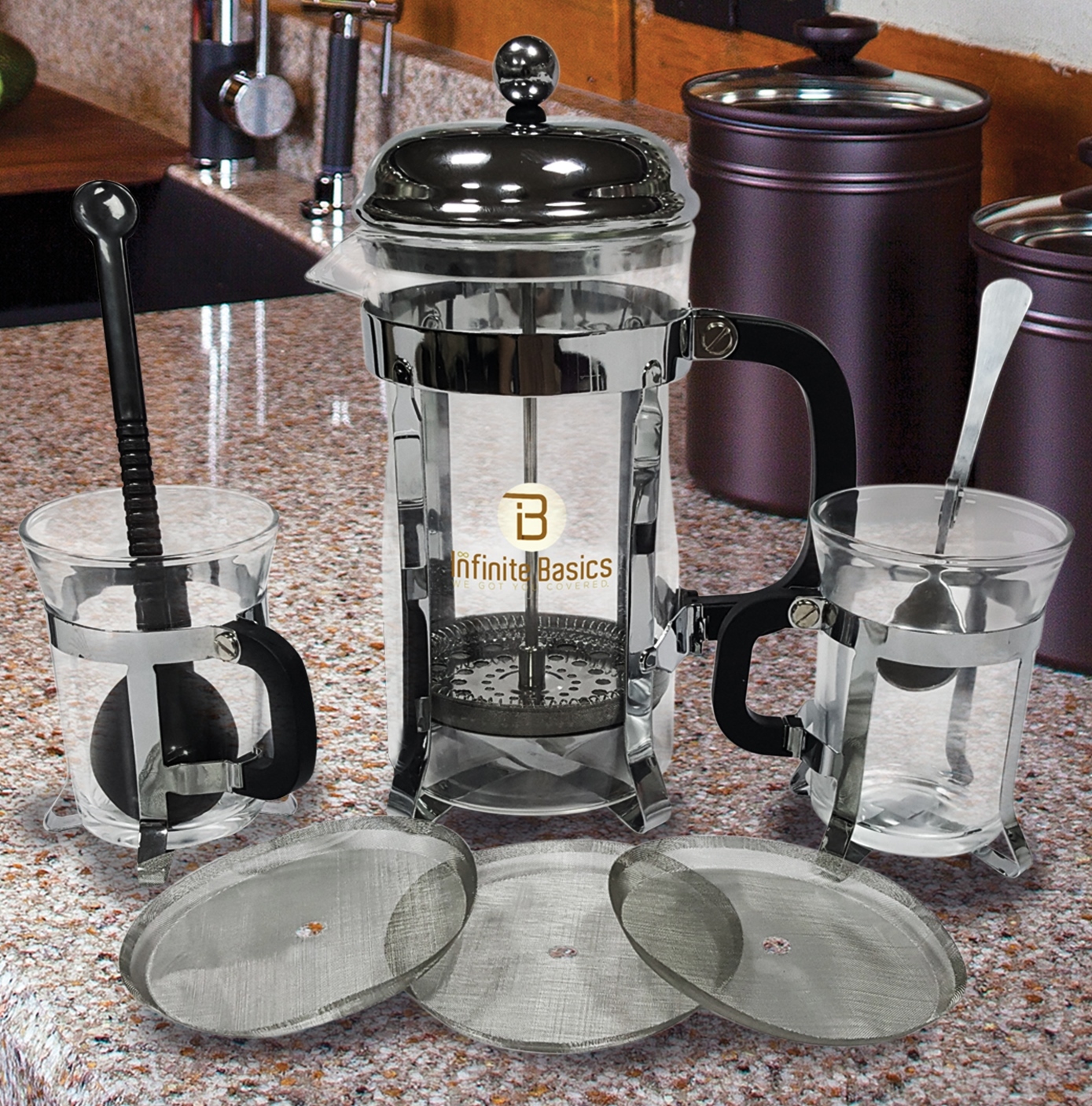 French Press Coffee & Tea Maker Set 8 Cup 34oz Bonus 6 Filters 2 Cups 2 Spoons French Presses