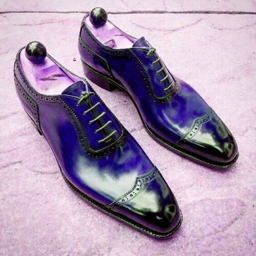Blue Oxford Genuine Patent Leather Rounded Cut Toe Handmade Men Party Shoes